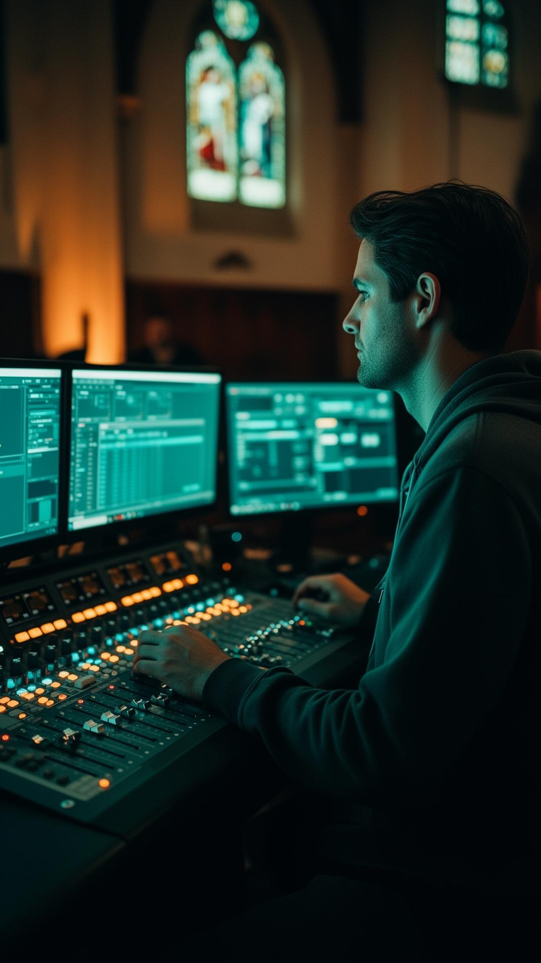 Tech volunteer at the audio console